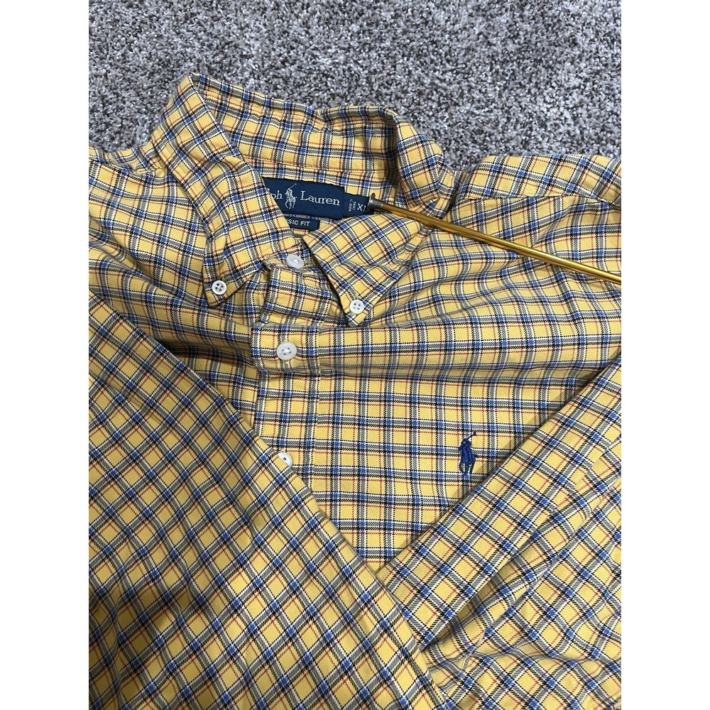 Ralph Lauren Mens XL Classic Fit Plaid Button Down Shirt Yellow Blue Pony Logo - Picture 3 of 8